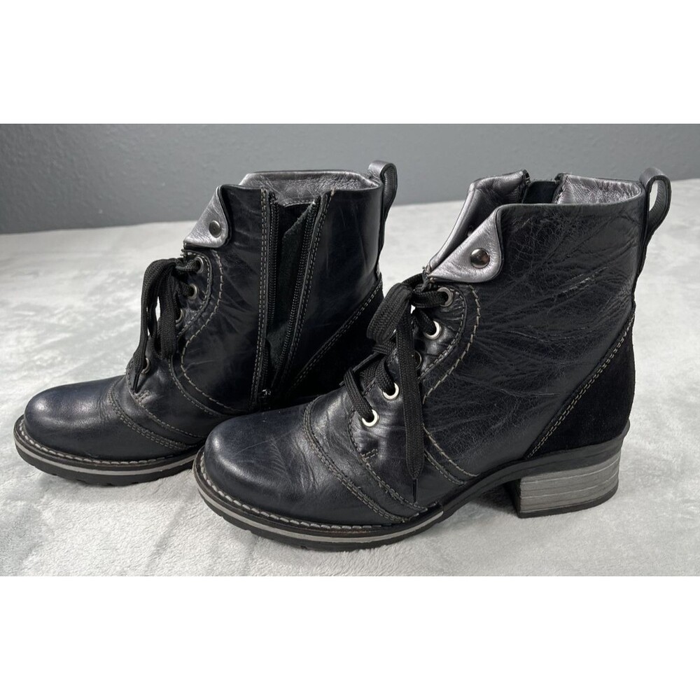 Dromedaris Karissa Black Leather Boots LaceUp Side Zip Womens 6